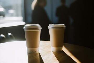 Two backlit disposable takeaway cardboard coffee cups with plastic lids sit on a wooden surface casting long shadows. Space for copy