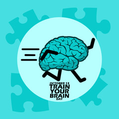 A cute brain that is running trains itself with bold text in circle frame with several puzzles on light blue background to commemorate National Train Your Brain Day on October 13