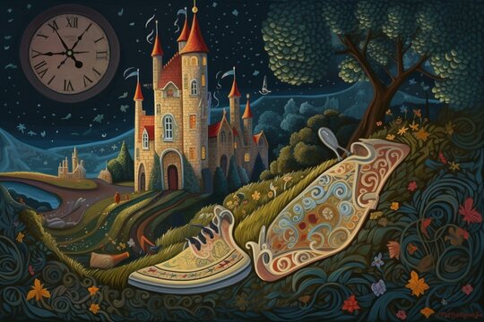Illustration depicting a fairy tale scene with a castle road, midnight clock, and magical shoe, painted in acrylic. Generative AI