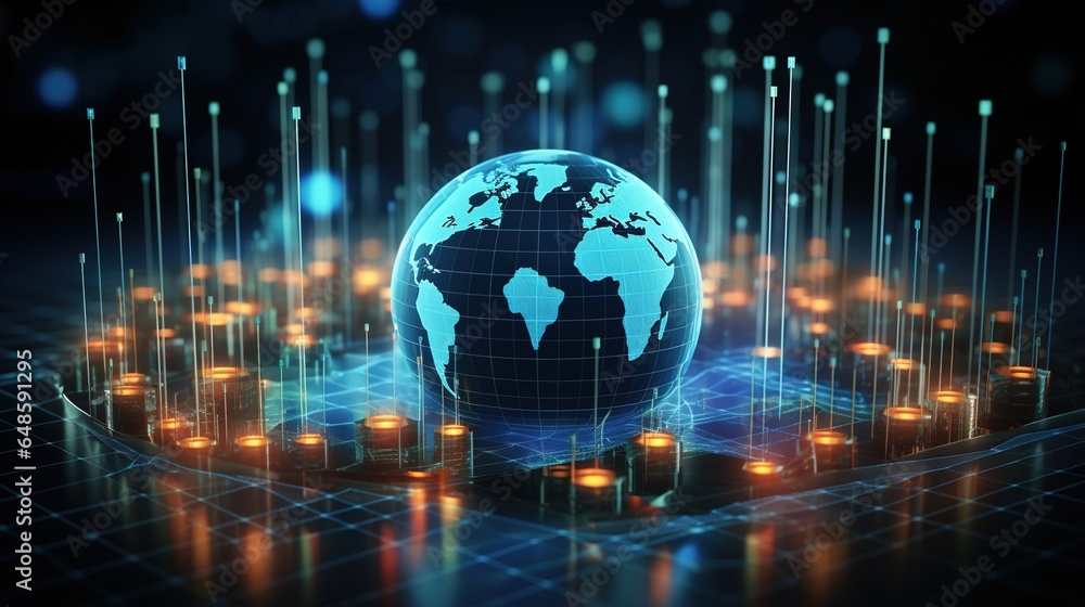 Poster a shimmering display of financial investment data on planet earth. create a graph of the stock marke