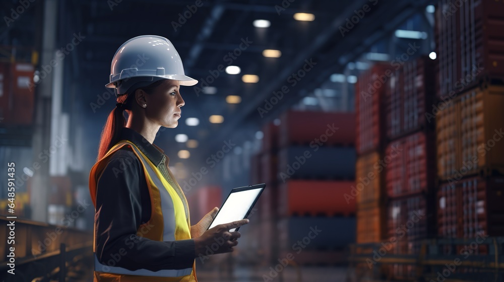 Aufkleber clever worker operating in the sector. a confident lady factory engineer approaches a switch on the 