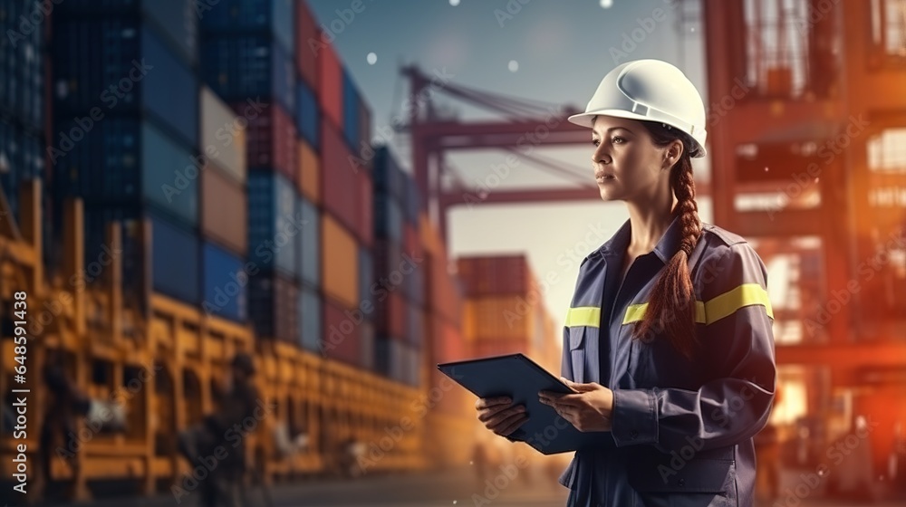 Poster at the container yard, a businesswoman holds a tablet and checks the list of export and import order