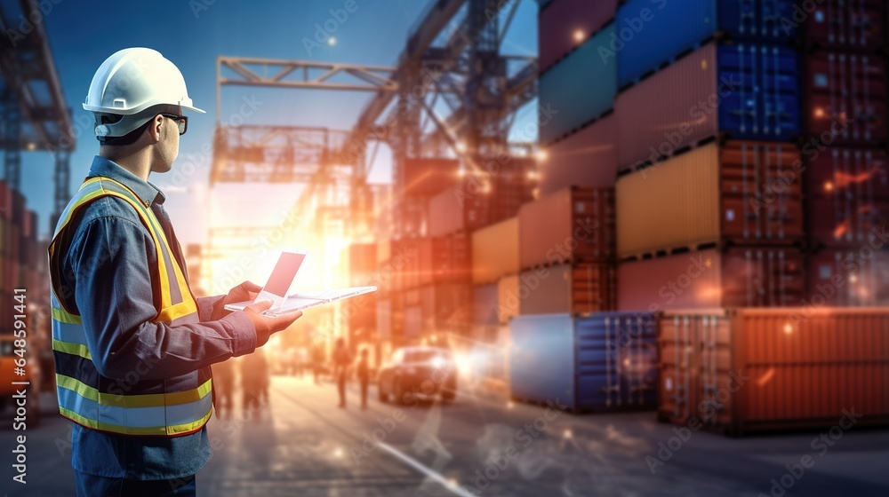 Poster at the container yard, a businessman holds a tablet and checks the list of export and import orders 