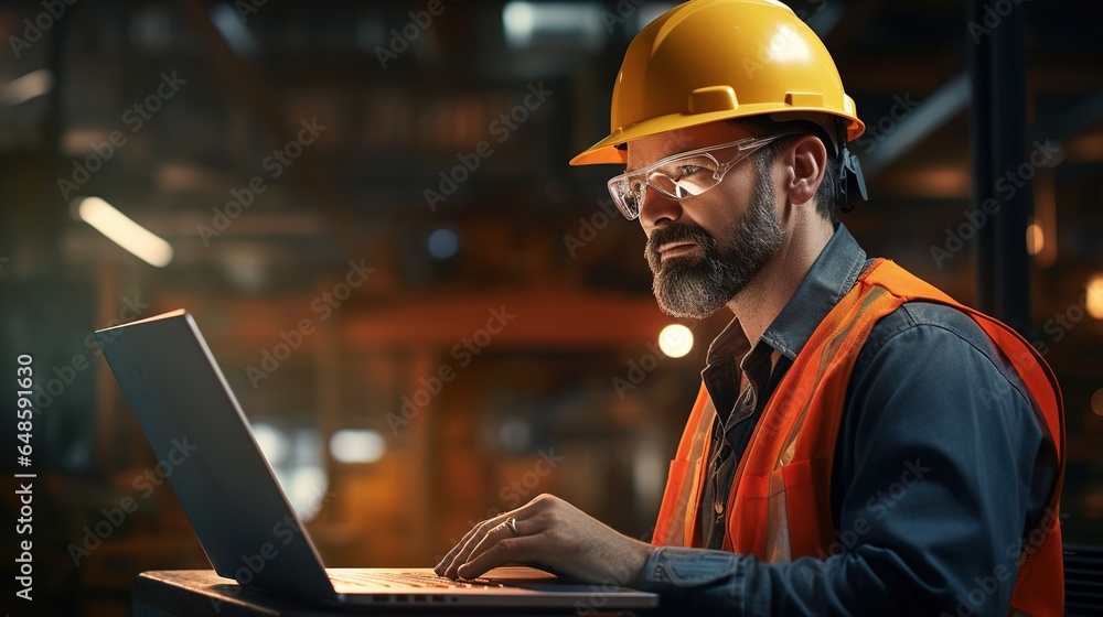 Poster engineering working on laptop computer in factory. generative ai