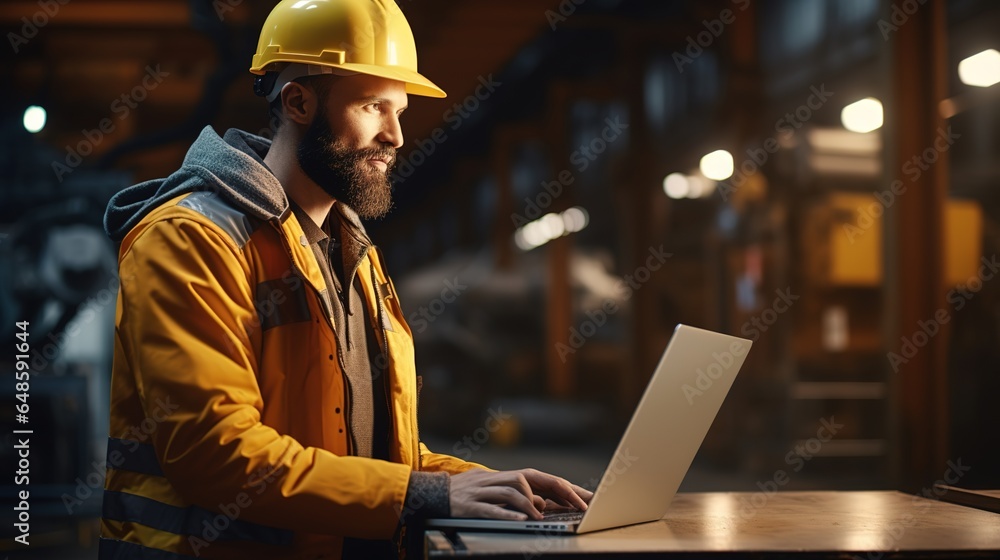 Poster engineering working on laptop computer in factory. generative ai