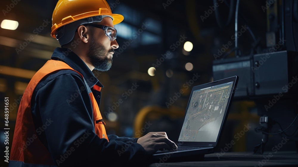 Poster man working on laptop computer in factory. generative ai