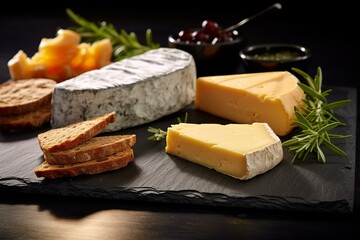 Organic cheese with bread on slate board. Generative AI