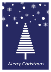 Blue greeting card with christmas tree and snowflakes