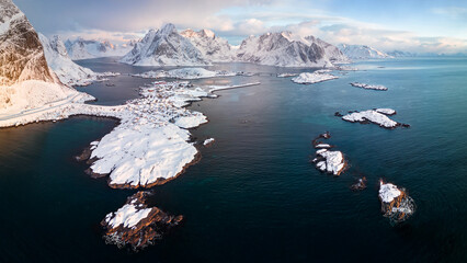 Panoramic aerial view of the small islands around the village of Reine, Norway, Europe.