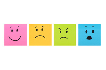 Basic emotions are joy, sadness, anger, fear or surprise. Four colorful squares with emotions on a transparent background - obrazy, fototapety, plakaty