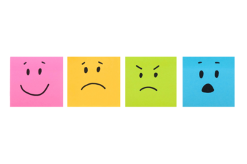 Basic emotions are joy, sadness, anger, fear or surprise. Four colorful squares with emotions on a transparent background