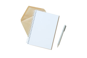 Composition with a clean note, craft envelope and pen on a transparent background