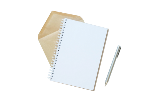 Composition with a clean note, craft envelope and pen on a transparent background