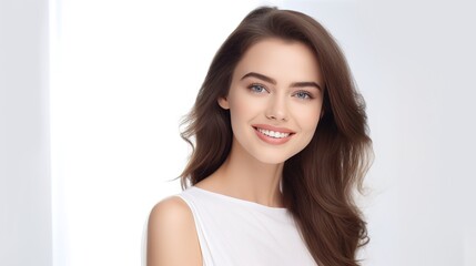 Portrait of smiling girl enjoying beauty treatment on beige background. Beautiful natural woman looking at copy space, spa and wellness concept. generative ai