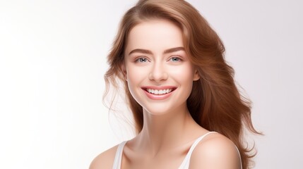 Portrait of smiling girl enjoying beauty treatment on beige background. Beautiful natural woman looking at copy space, spa and wellness concept. generative ai