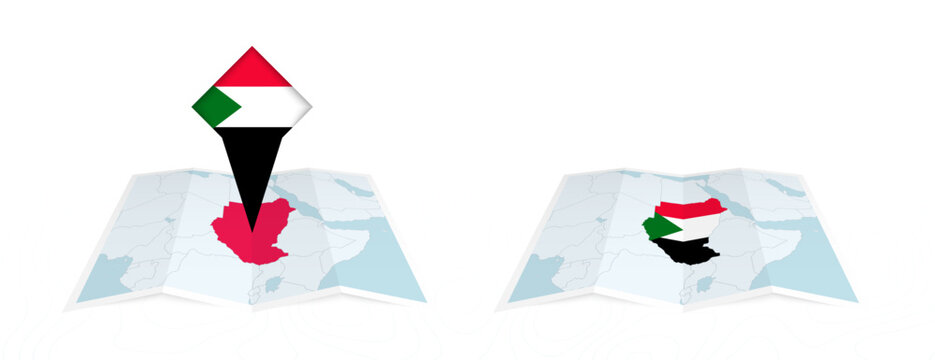 Two versions of an Sudan folded map, one with a pinned country flag and one with a flag in the map contour. Template for both print and online design.