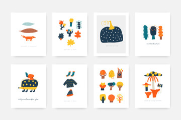 Doodle autumn postcards set.