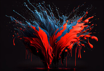 Red blue paint splash art background paint, in the style of dark yellow and dark cyan, dark matter art, black background, liquid emulsion printing. Generative AI