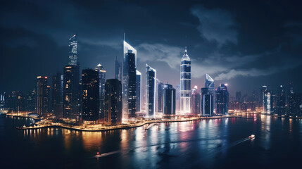 Fototapeta premium Stunning drone view of a vibrant city skyline at night, with glittering lights