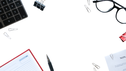 Flatlay with office items and place for text. Layout on a transparent background. Glasses, keyboard, pen, paper clips, diary, work papers