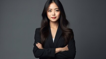 Standing position of a young Asian businesswoman smiling at the camera on an isolated white background. Portrait of a woman in a suit taken in a studio. generative ai