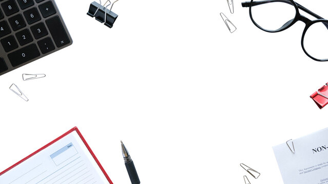 Flatlay with office items and place for text. Layout on a transparent background. Glasses, keyboard, pen, paper clips, diary, work papers