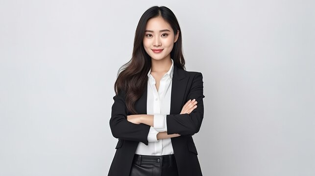 Young asian business woman smiling to camera standing pose on isolated white background. Female in suit portrait shot in studio. generative ai