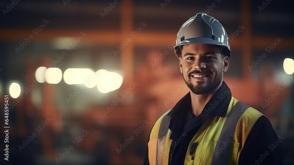 Poster portrait of engineering in factory background. generative ai