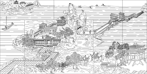 Vector sketch illustration of traditional chinese landscape ethnic painting design