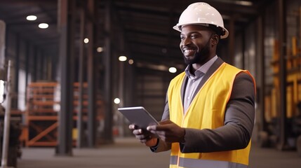 industrial Engineers in Hard Hats.Work at the Heavy Industry Manufacturing Factory.industrial worker indoors in factory. man working in an industrial factory.Safety first concept. generative ai