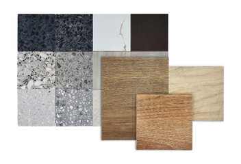 samples of interior furniture materials including oak wooden ceramic tiles, palette of terrazzo stone quartz samples isolated on background with clipping path. displayed of interior materials.   
