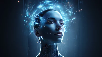 Poster Cyborg woman with glowing brain interface on dark background 3D rendering © Bilal