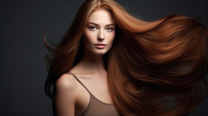 Fototapeta premium Smooth long hair woman beauty portrait over gray background. generative ai