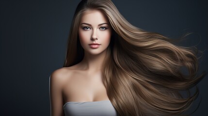 Fototapeta premium Smooth long hair woman beauty portrait over gray background. generative ai