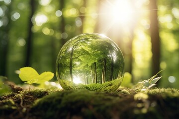 A glass ball resting on a bed of lush green moss