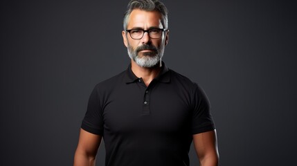 studio of A serious bearded man in a black polo shirt. From the waist up, on a white background. With short hair and spectacles. generative ai - obrazy, fototapety, plakaty