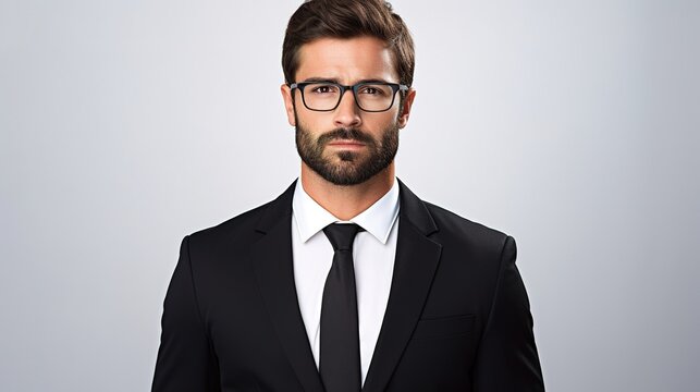studio of A serious bearded man in a black polo shirt. From the waist up, on a white background. With short hair and spectacles. generative ai