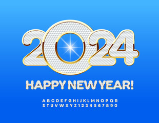 Vector elite Greeting Card Happy New Year 2024! White and Gold artistic Font. Premium Alphabet Letters and Numbers set