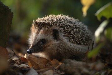 Fototapeta premium A hedgehog exploring a vibrant autumn forest