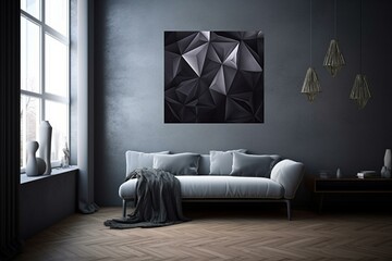 Contemporary geometric wall art with a dark hue. Trendy decor that exhibits a polygonal design. Generative AI