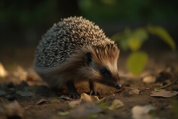 A cute hedgehog exploring the autumn leaves on the forest floor