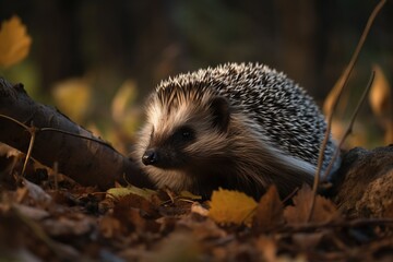 Fototapeta premium A cute hedgehog exploring the autumn leaves in the forest
