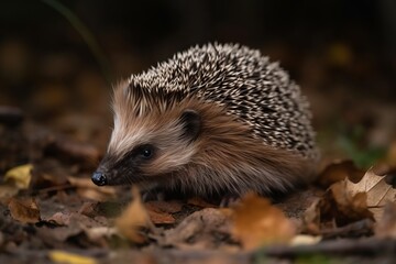 A cute hedgehog exploring a pile of autumn leaves