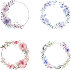 set of watercolor round flower frame illustrations, template wedding invitation card