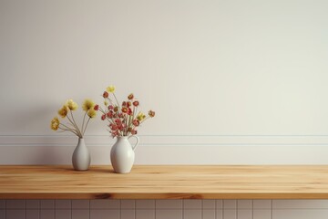 An empty corner of a wooden table or countertop with a contemporary white kitchen in the background. Generative AI