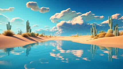 Fototapeta na wymiar A desert landscape with a serene lake and vibrant cacti