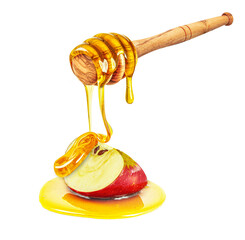 dripping honey on apple isolated on white background