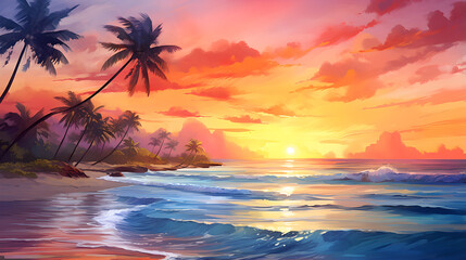 Fototapeta na wymiar Summer background palms, sky and sea sunset. gorgeous landscape, watercolor