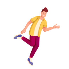 Fototapeta na wymiar Happy man dancer dancing with jumps vector illustration. Cartoon isolated excited male dancer character jumping to energetic music to enjoy fun dynamic dance with delight and joy, guy smiling