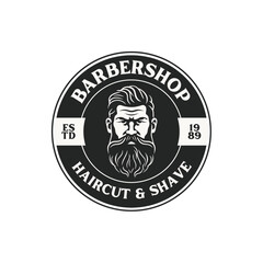Stylish barber shop logo featuring a dashing man with a beard and mustache. vintage barbershop emblems, labels, badges, logos.
